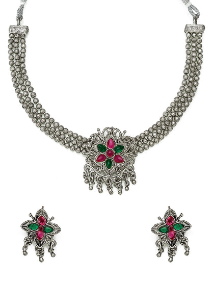 Aadita Navratri Special Oxidized Silver Floral Pendant Multi-Strand Bead Necklace Set with Matching Earrings