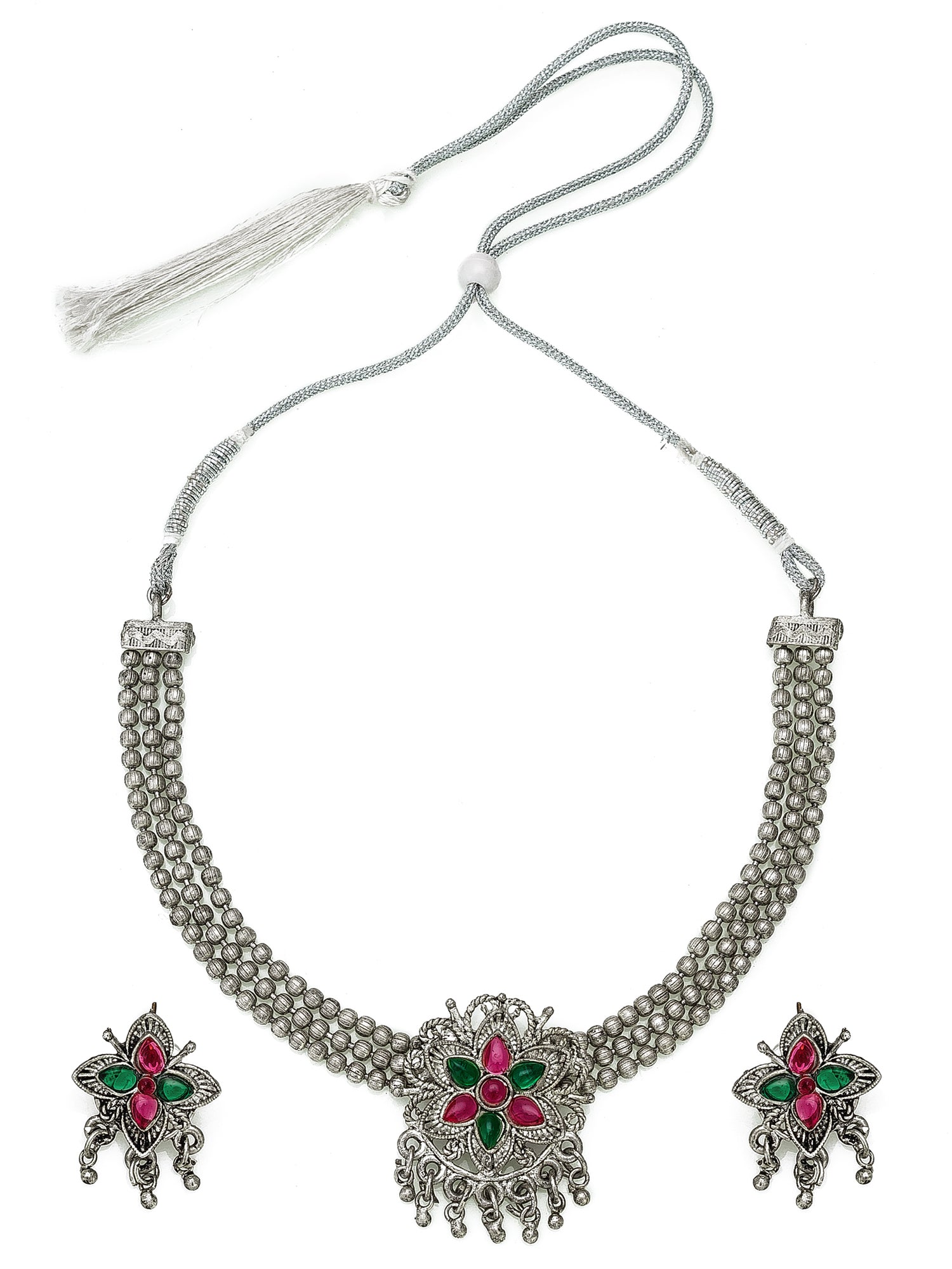 Aadita Navratri Special Oxidized Silver Floral Pendant Multi-Strand Bead Necklace Set with Matching Earrings