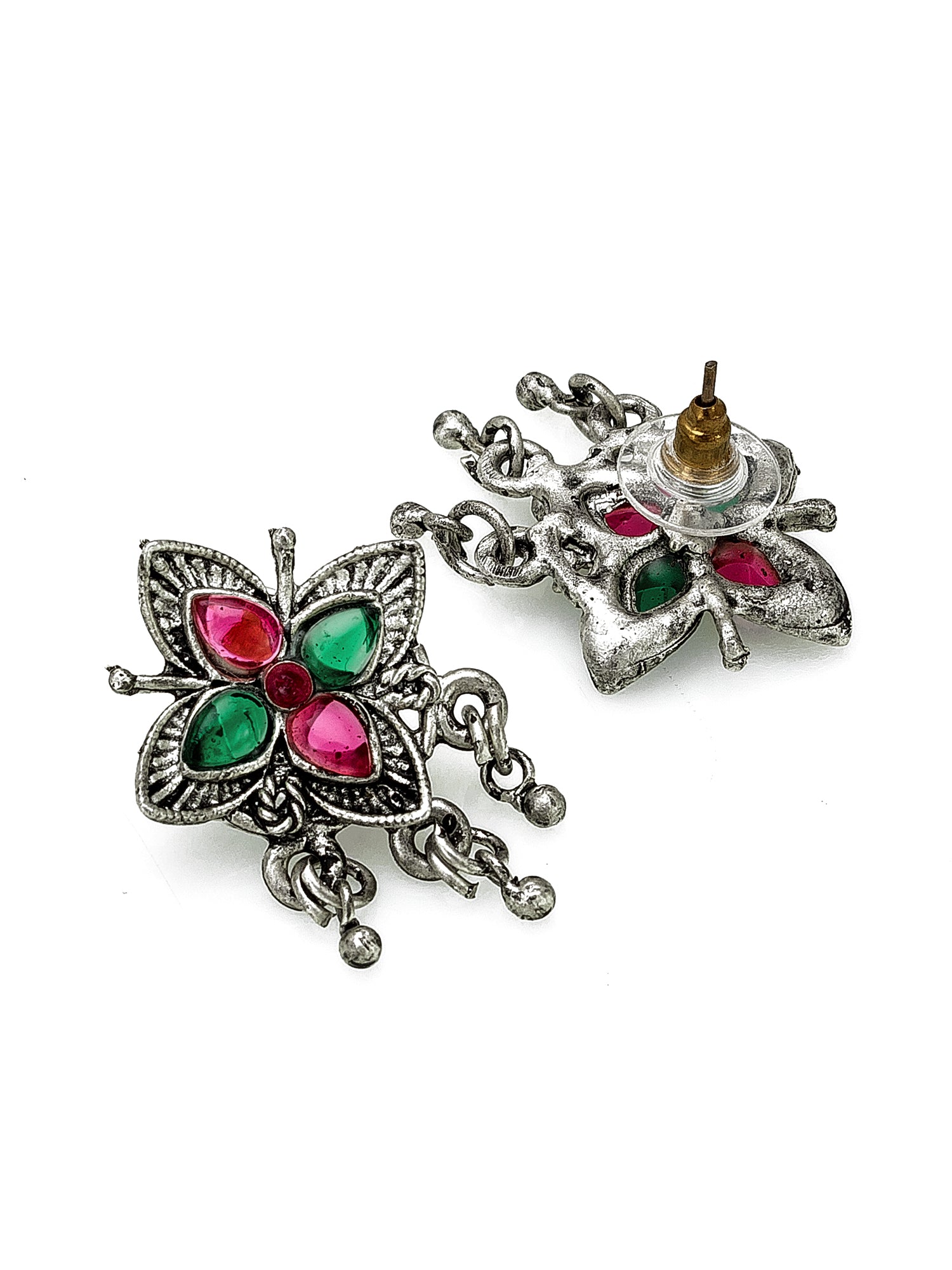 Aadita Navratri Special Oxidized Silver Floral Pendant Multi-Strand Bead Necklace Set with Matching Earrings