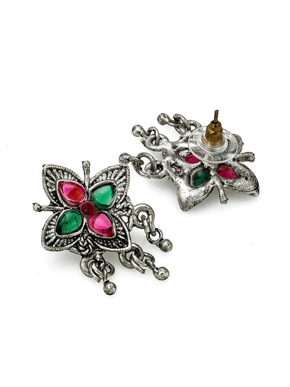Aadita Navratri Special Oxidized Silver Floral Pendant Multi-Strand Bead Necklace Set with Matching Earrings