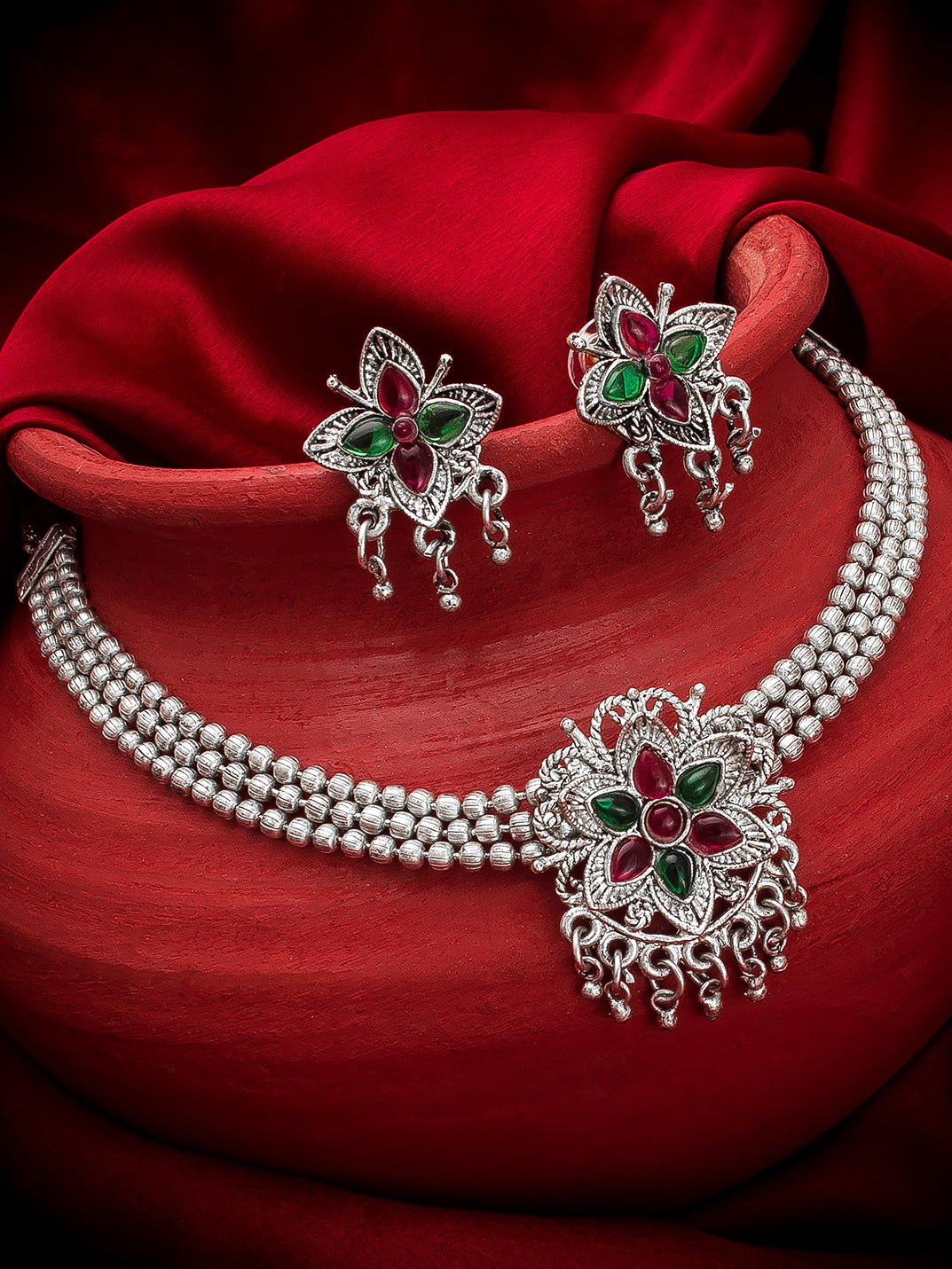 Aadita Navratri Special Oxidized Silver Floral Pendant Multi-Strand Bead Necklace Set with Matching Earrings