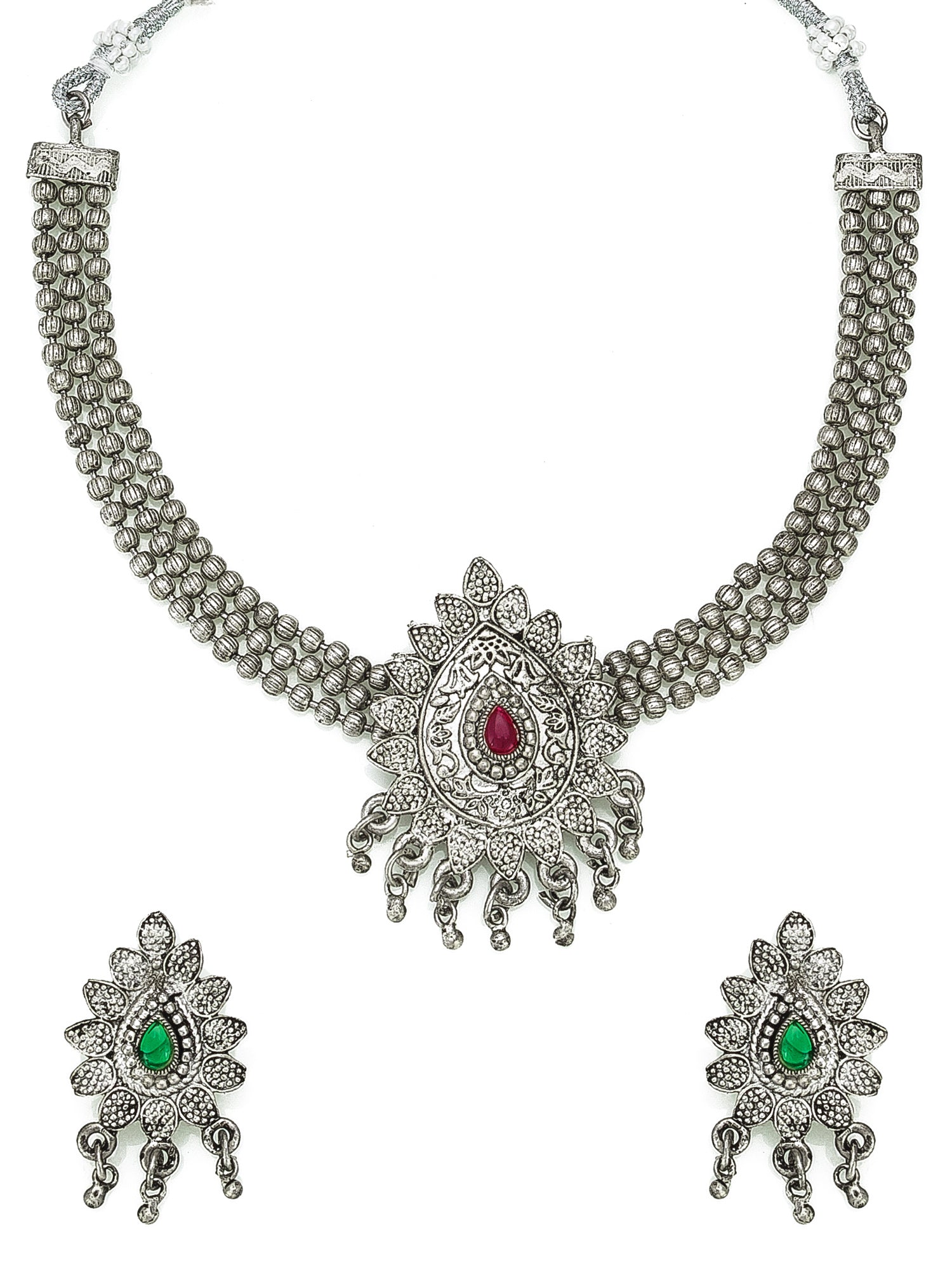 Aadita Navratri Wear Oxidized Silver Pendant Multi-Strand Bead Necklace Set with Floral Stud Earrings