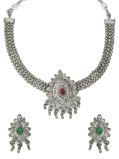 Aadita Navratri Wear Oxidized Silver Pendant Multi-Strand Bead Necklace Set with Floral Stud Earrings