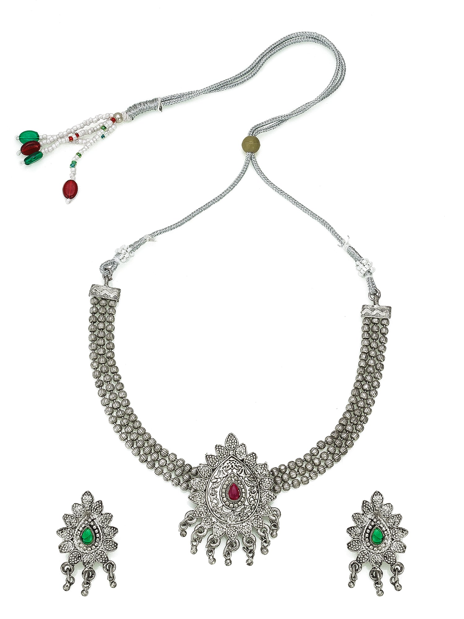 Aadita Navratri Wear Oxidized Silver Pendant Multi-Strand Bead Necklace Set with Floral Stud Earrings