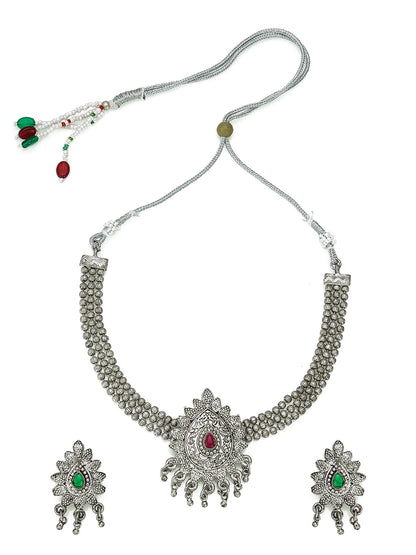 Aadita Navratri Wear Oxidized Silver Pendant Multi-Strand Bead Necklace Set with Floral Stud Earrings