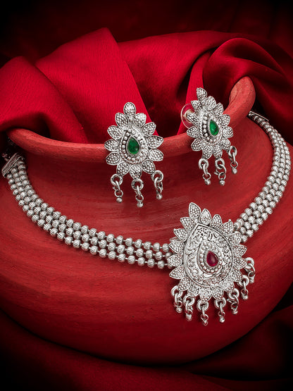 Aadita Navratri Wear Oxidized Silver Pendant Multi-Strand Bead Necklace Set with Floral Stud Earrings