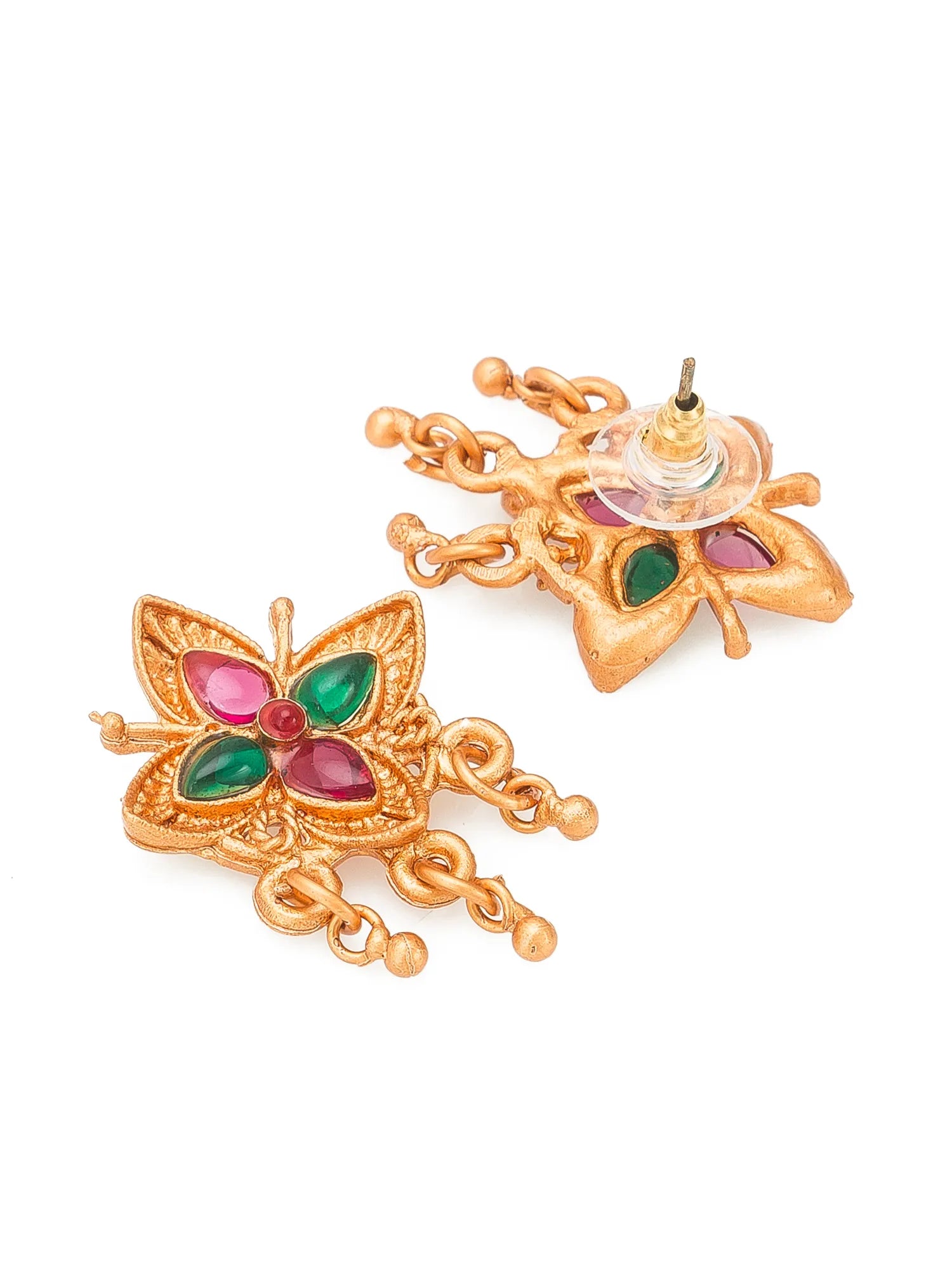 A pair of gold-plated butterfly earrings with green and pink enamel details, shown on a plain white background.