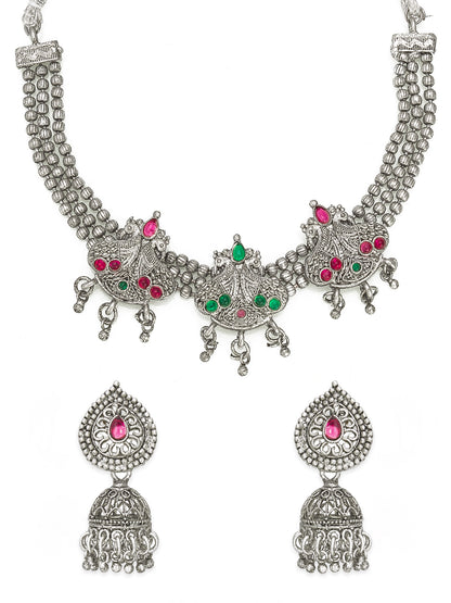 Aadita Navratri Ethnic Silver Oxidized Necklace Jewellery Set with Jhumka Earrings