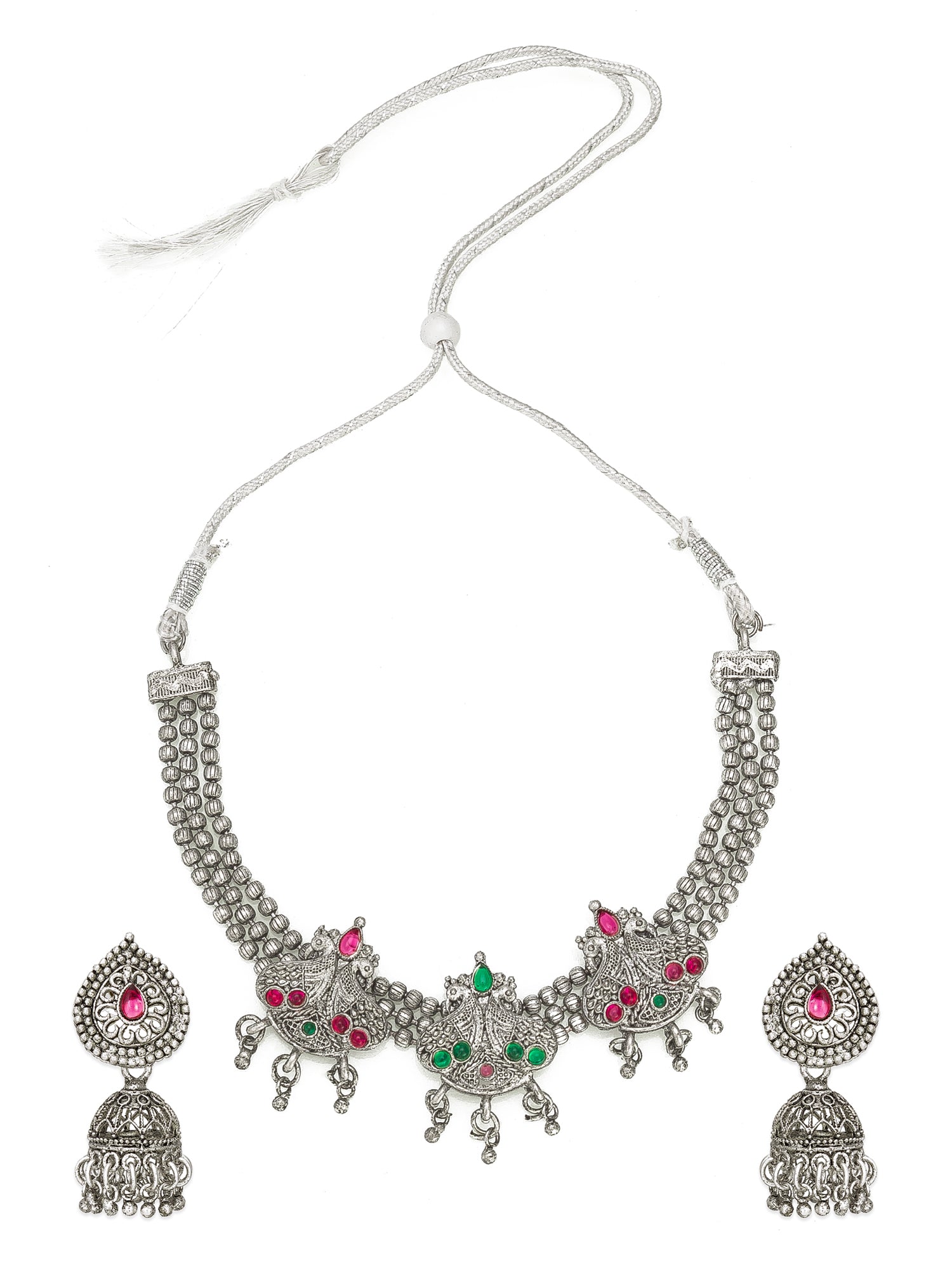 Aadita Navratri Ethnic Silver Oxidized Necklace Jewellery Set with Jhumka Earrings