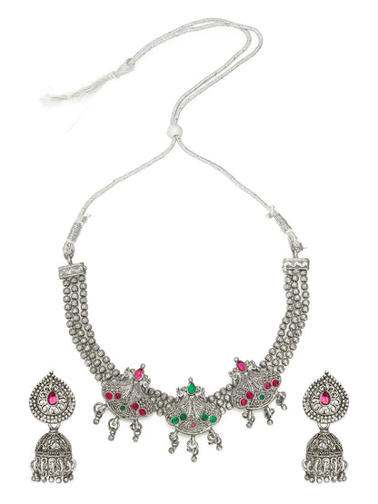 Aadita Navratri Ethnic Silver Oxidized Necklace Jewellery Set with Jhumka Earrings