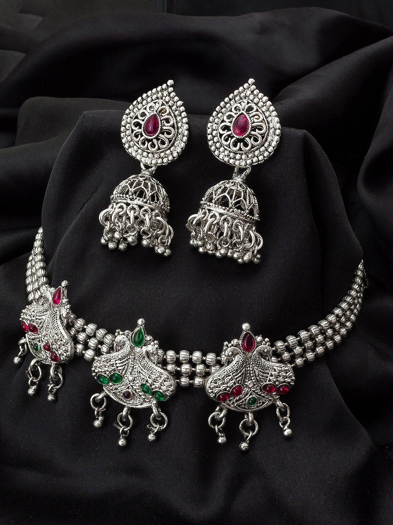 Aadita Navratri Ethnic Silver Oxidized Necklace Jewellery Set with Jhumka Earrings
