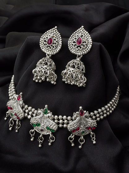 Aadita Navratri Ethnic Silver Oxidized Necklace Jewellery Set with Jhumka Earrings