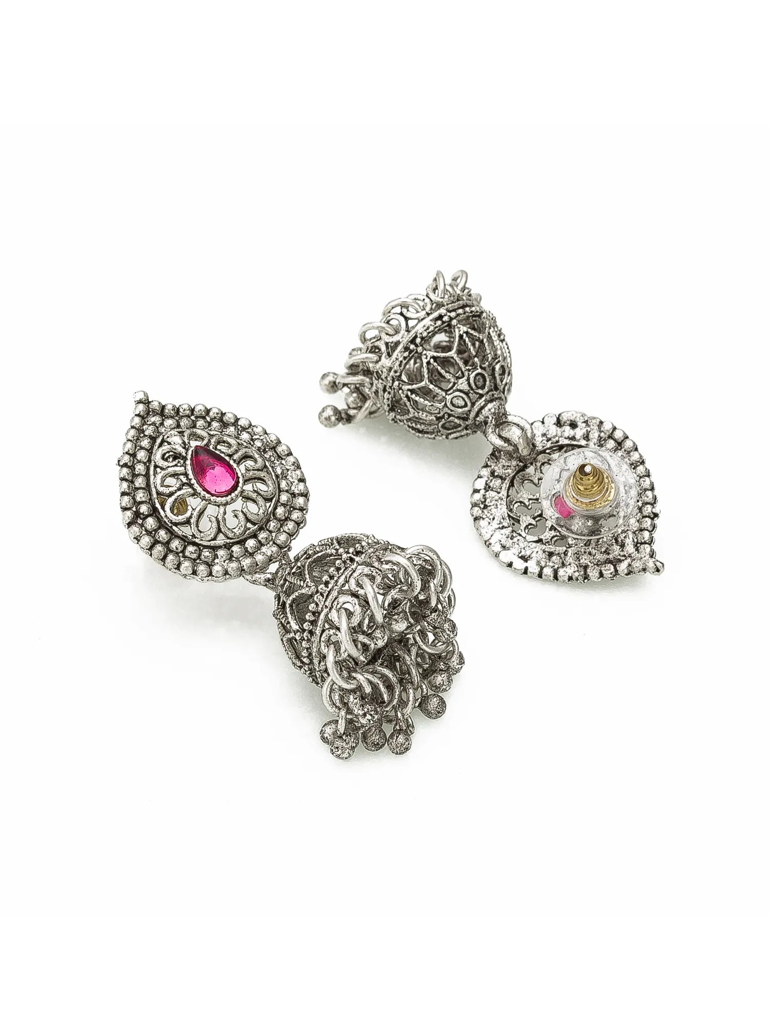 Silver earrings with pink and gold accents on a white background
