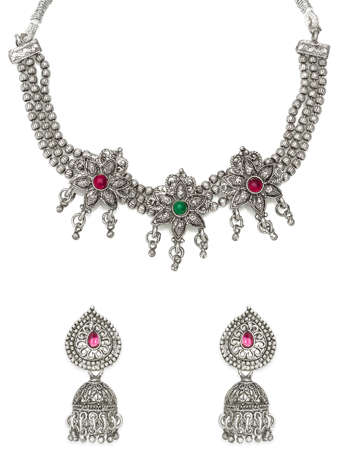 Aadita Navratri Wear Oxidized Silver Floral Necklace Set with Jhumka Earrings and Multicolor Stone Embellishments