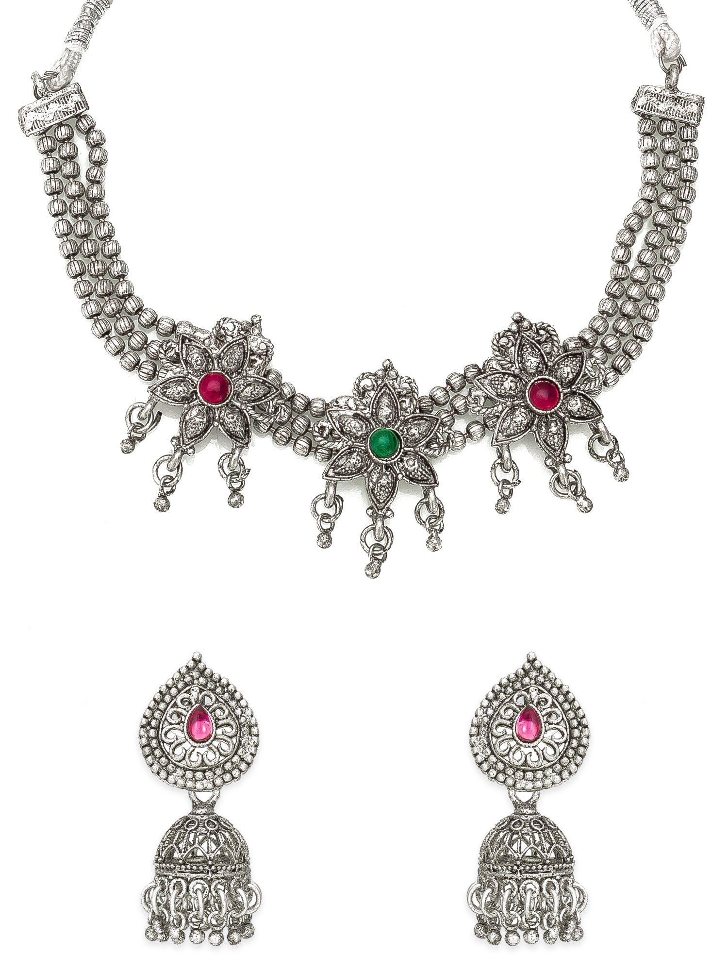 Aadita Navratri Wear Oxidized Silver Floral Necklace Set with Jhumka Earrings and Multicolor Stone Embellishments