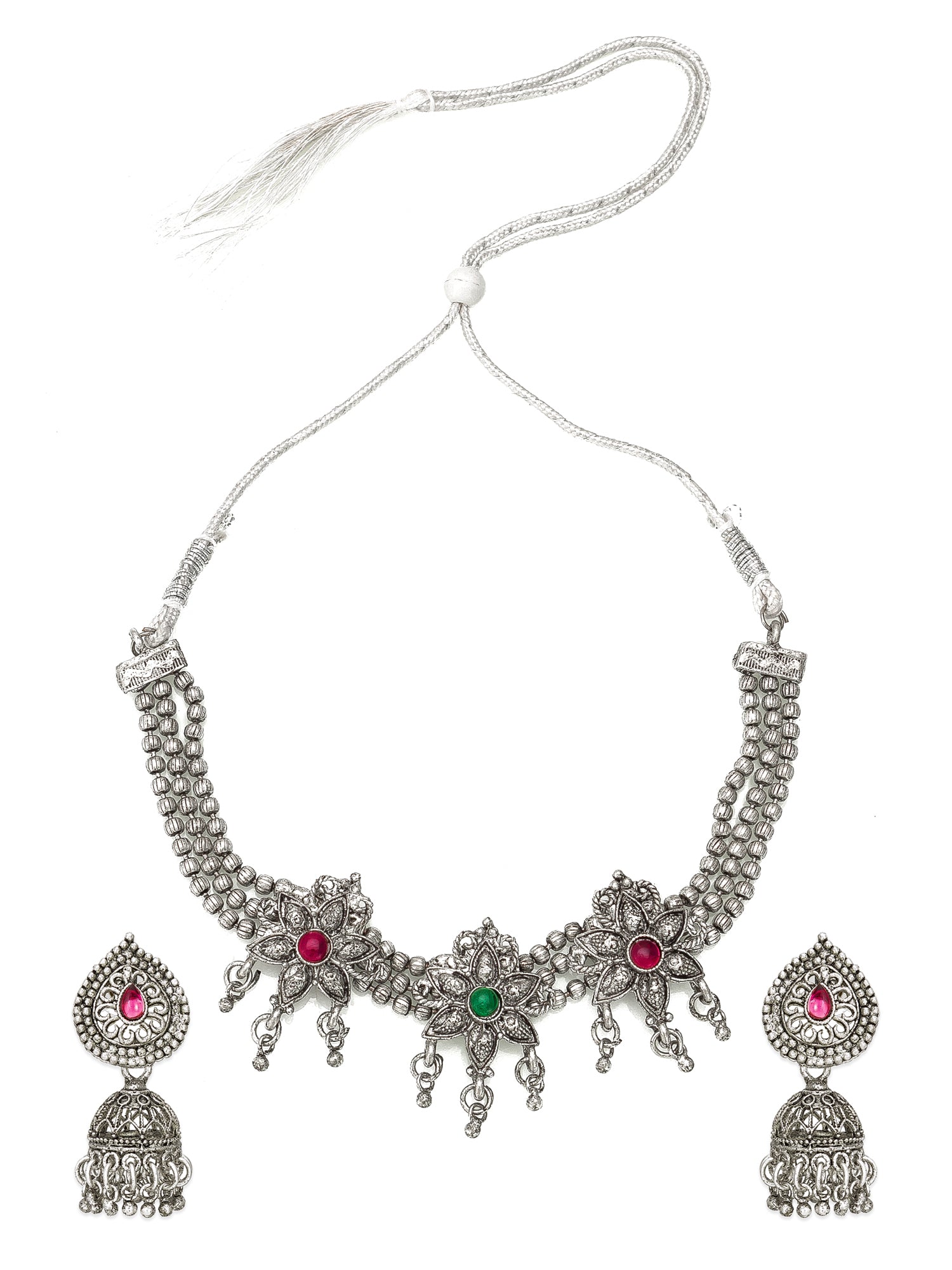 Aadita Navratri Wear Oxidized Silver Floral Necklace Set with Jhumka Earrings and Multicolor Stone Embellishments