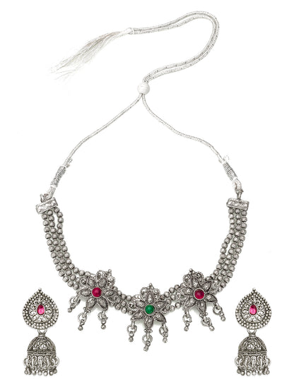 Aadita Navratri Wear Oxidized Silver Floral Necklace Set with Jhumka Earrings and Multicolor Stone Embellishments