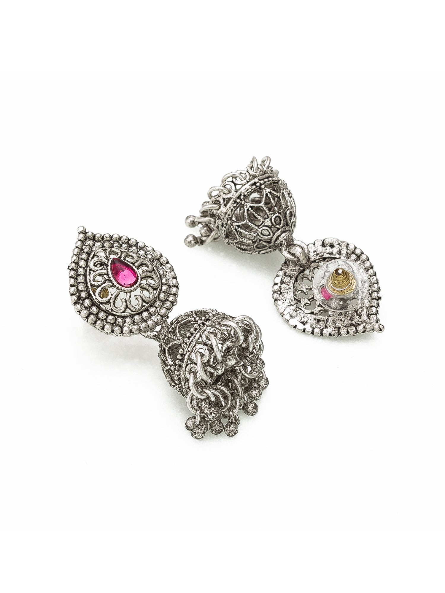 Aadita Navratri Wear Oxidized Silver Floral Necklace Set with Jhumka Earrings and Multicolor Stone Embellishments