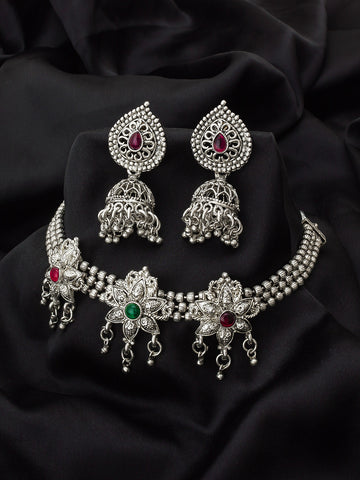 Aadita Navratri Wear Oxidized Silver Floral Necklace Set with Jhumka Earrings and Multicolor Stone Embellishments