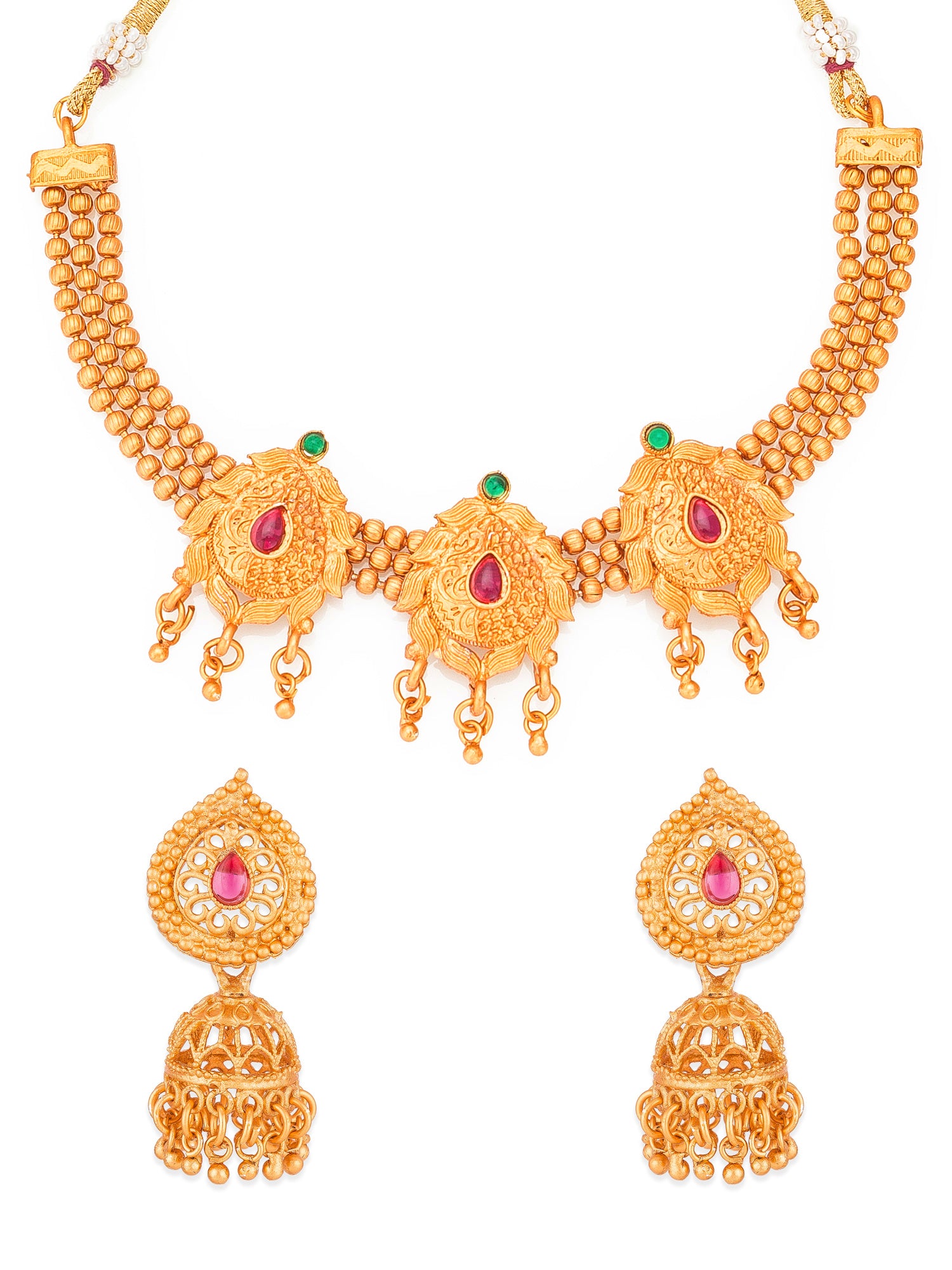 Aadita Antique Gold Motif Choker Necklace Set with Stones, Bead Chain and Jhumka Earrings