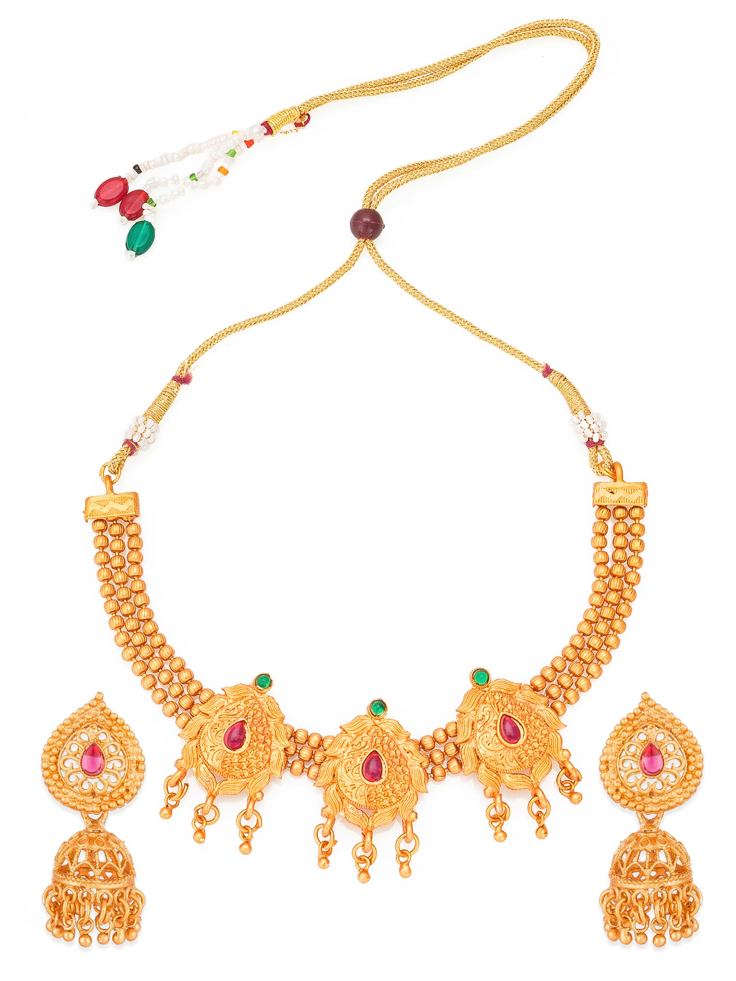 Aadita Antique Gold Motif Choker Necklace Set with Stones, Bead Chain and Jhumka Earrings