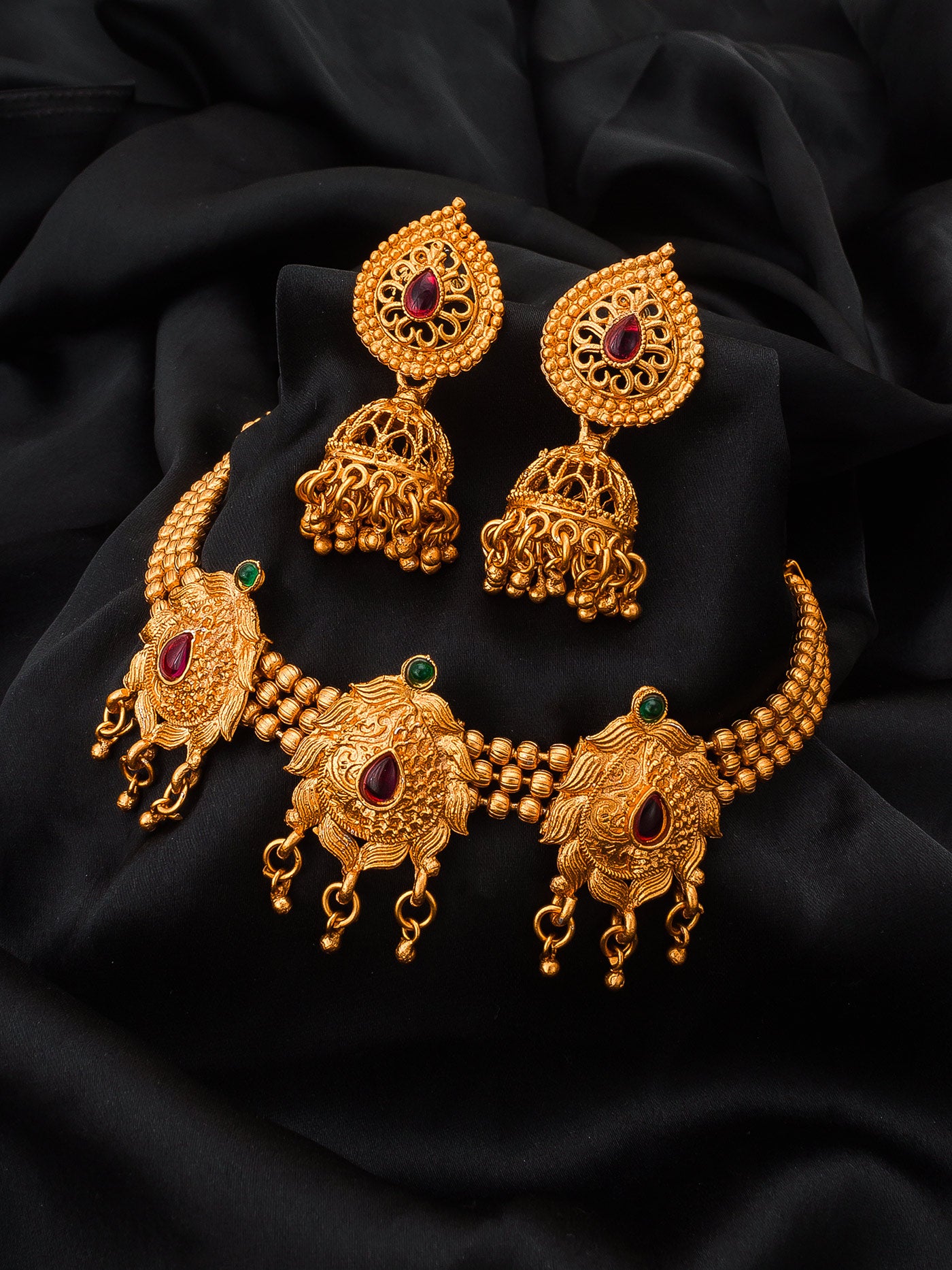 Aadita Antique Gold Motif Choker Necklace Set with Stones, Bead Chain and Jhumka Earrings