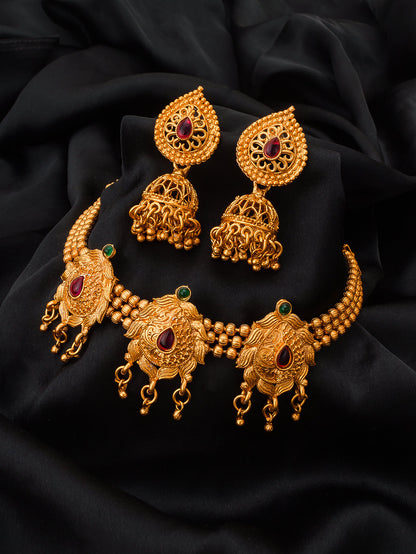 Aadita Antique Gold Motif Choker Necklace Set with Stones, Bead Chain and Jhumka Earrings