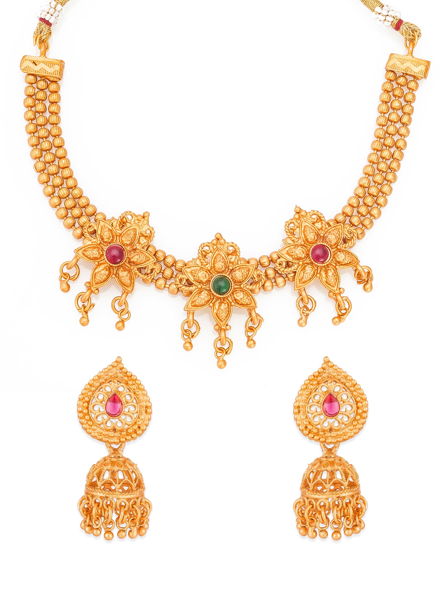 Aadita South Indian wear Gold-Toned Triple Floral Multi-Strand Bead Temple Necklace Set with Jhumka Earrings