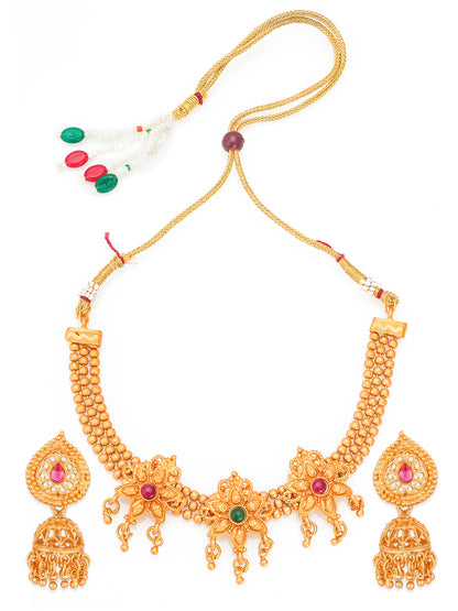 Aadita South Indian wear Gold-Toned Triple Floral Multi-Strand Bead Temple Necklace Set with Jhumka Earrings
