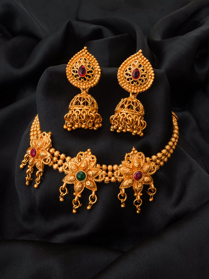 Aadita South Indian wear Gold-Toned Triple Floral Multi-Strand Bead Temple Necklace Set with Jhumka Earrings