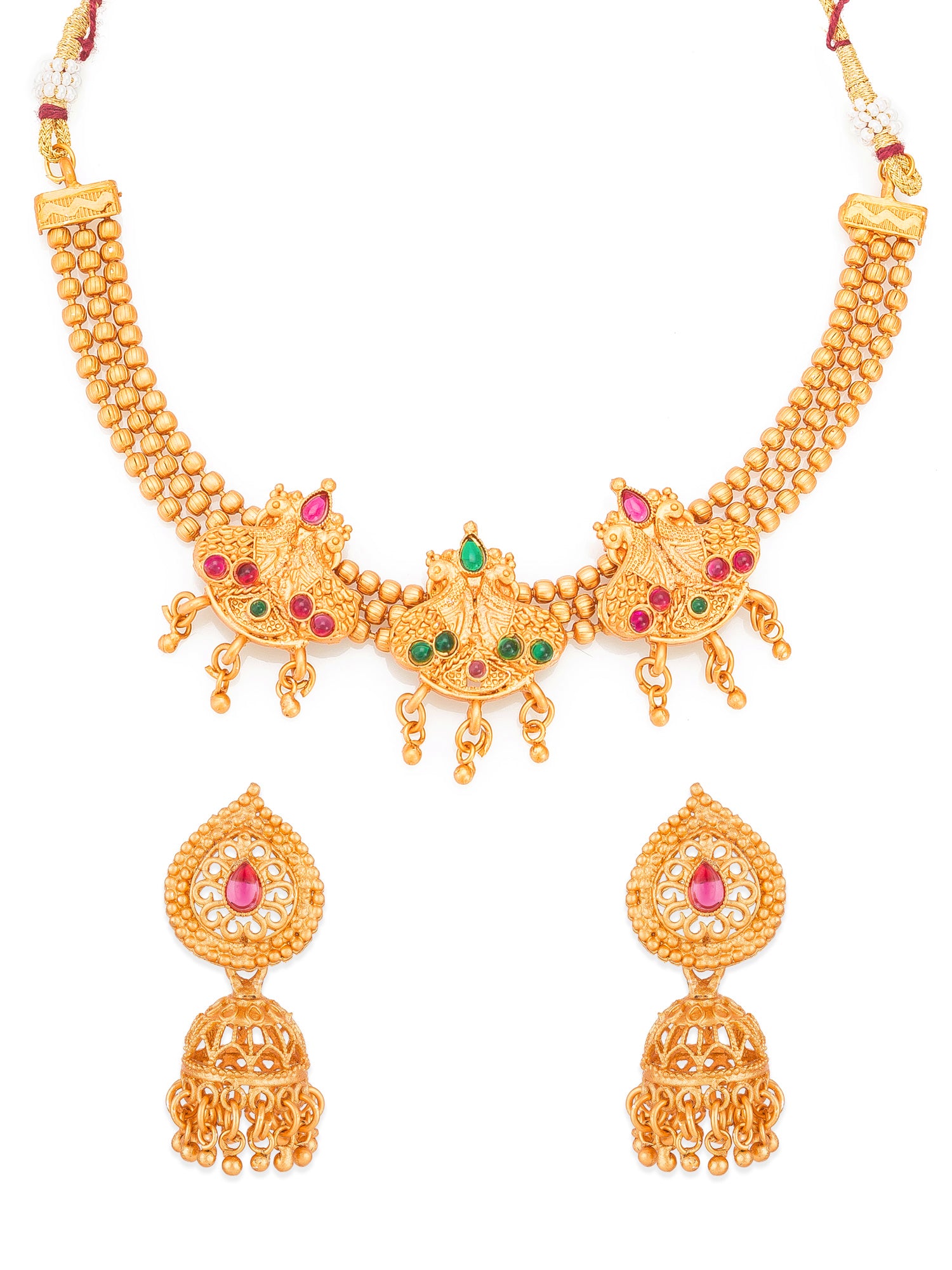 Aadita Antique Gold Temple Choker Necklace Set with Stones, Bead Chain and Jhumka Earrings