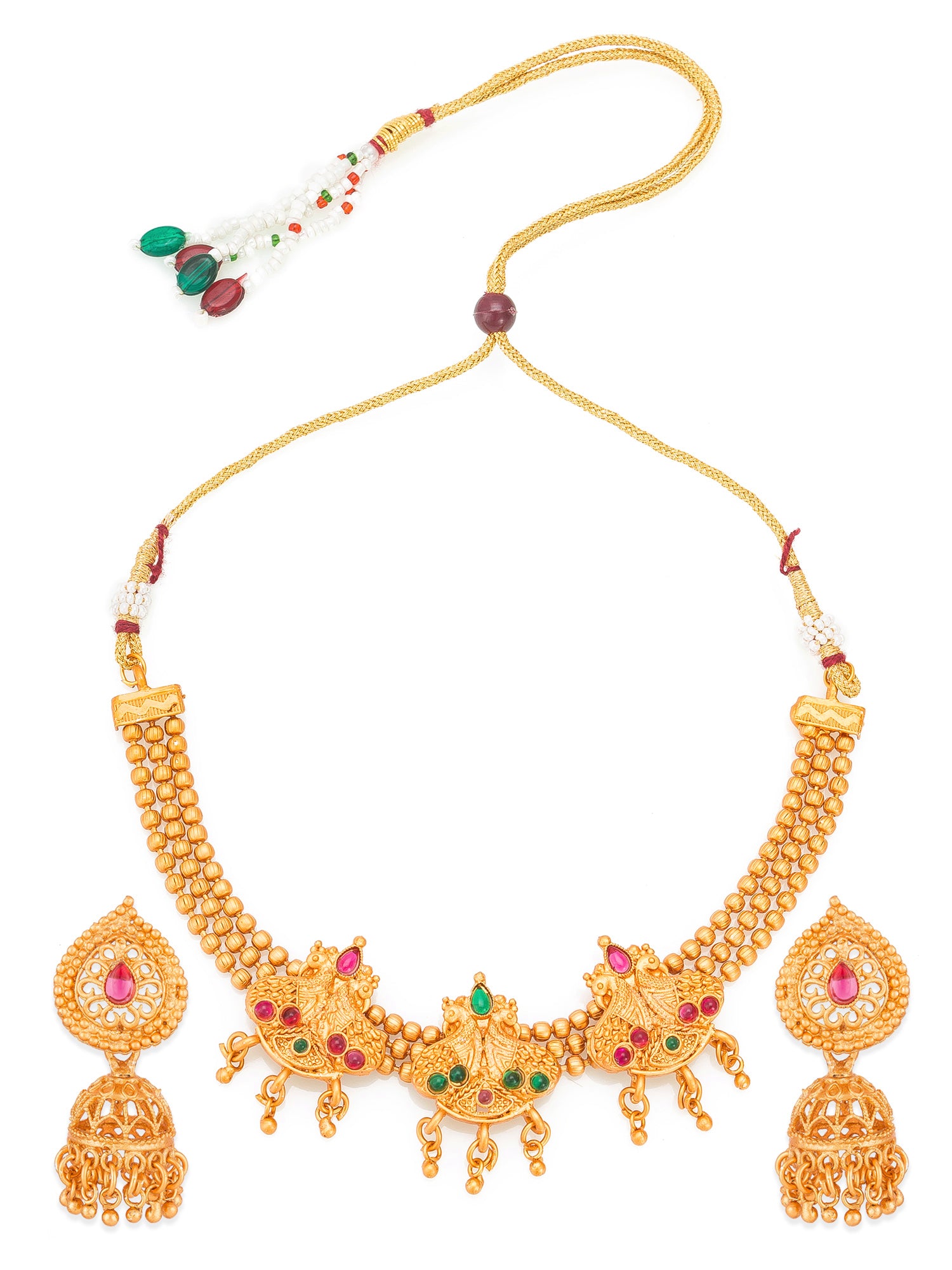 Aadita Antique Gold Temple Choker Necklace Set with Stones, Bead Chain and Jhumka Earrings