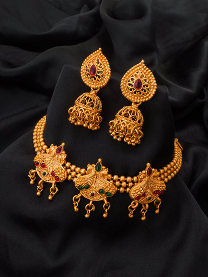 Aadita Antique Gold Temple Choker Necklace Set with Stones, Bead Chain and Jhumka Earrings