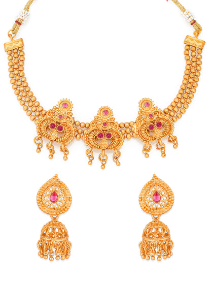 Aadita South Indian wear Gold-Toned Triple Motif Multi-Strand Bead Temple Necklace Set with Lattice Jhumka Earrings