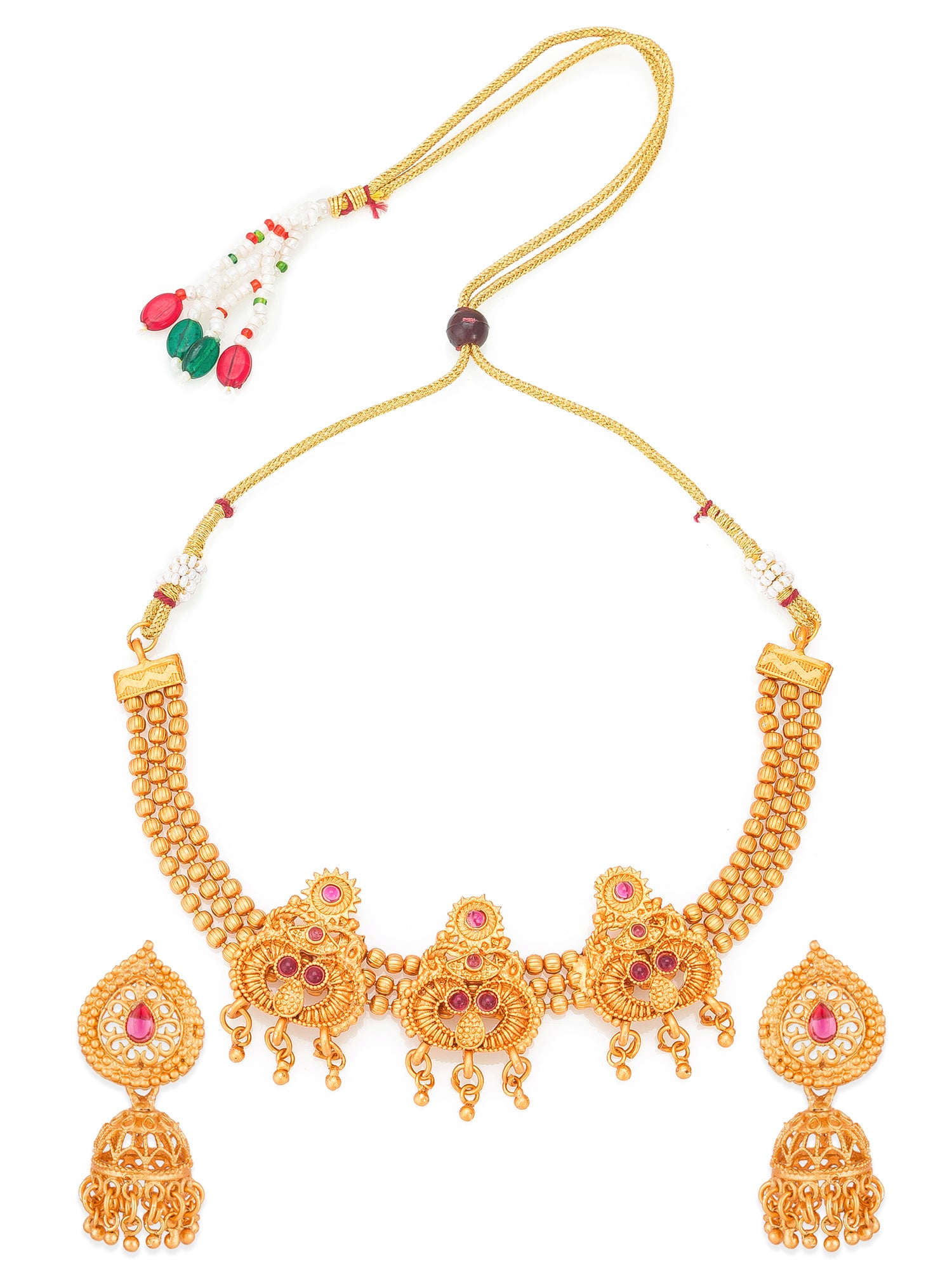 Aadita South Indian wear Gold-Toned Triple Motif Multi-Strand Bead Temple Necklace Set with Lattice Jhumka Earrings