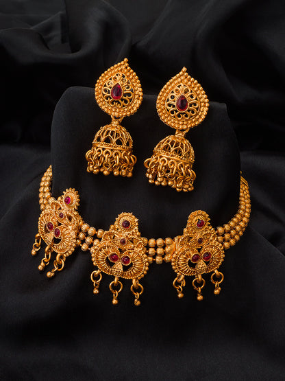 Aadita South Indian wear Gold-Toned Triple Motif Multi-Strand Bead Temple Necklace Set with Lattice Jhumka Earrings
