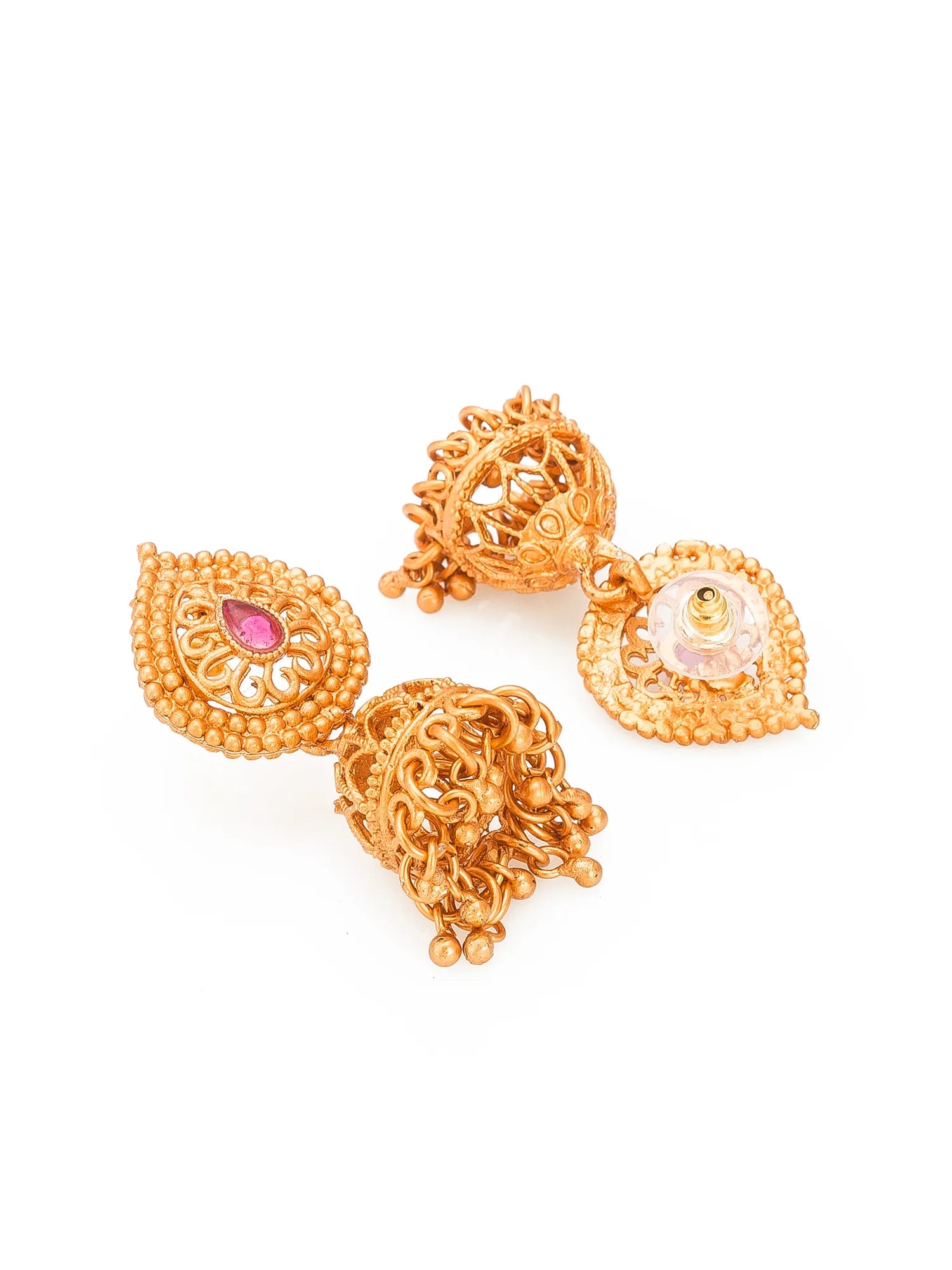 Gold earrings with intricate designs on a white background