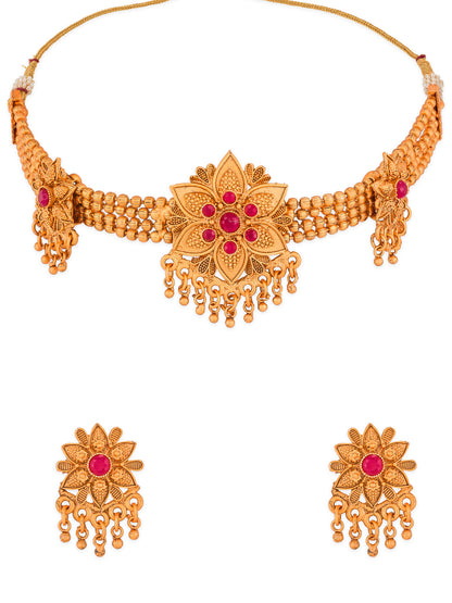Aadita Antique Gold Tone Red Stone & Beads Choker Necklace Set with Earrings