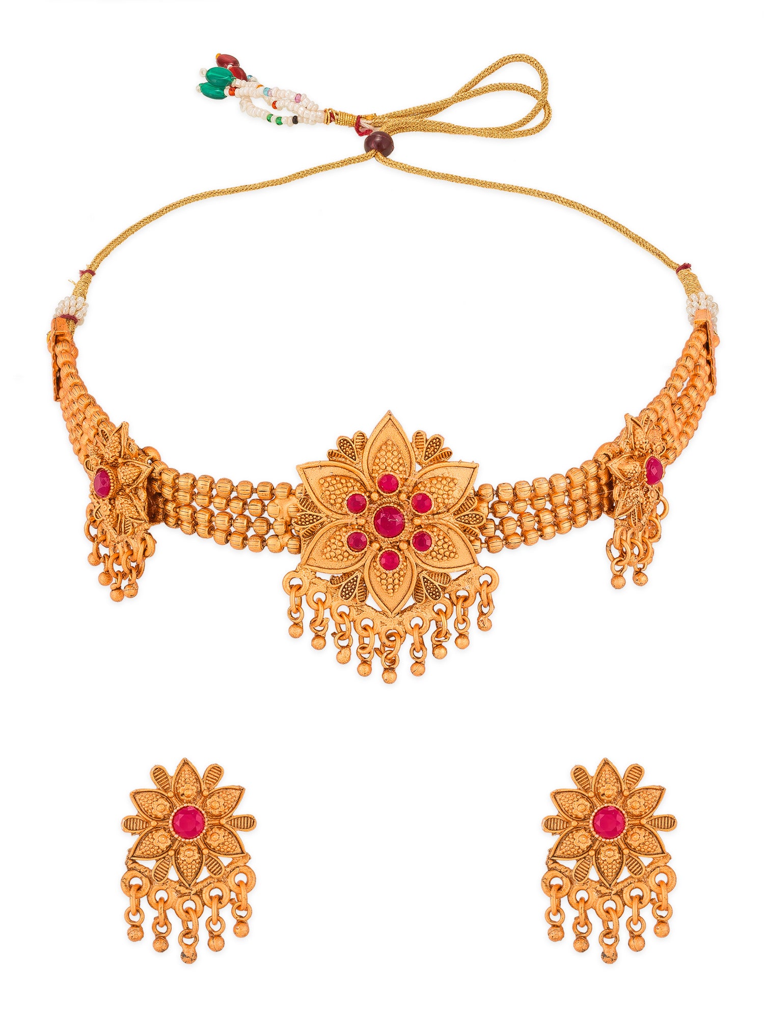 Aadita Antique Gold Tone Red Stone & Beads Choker Necklace Set with Earrings
