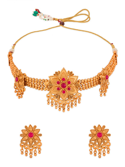 Aadita Antique Gold Tone Red Stone & Beads Choker Necklace Set with Earrings