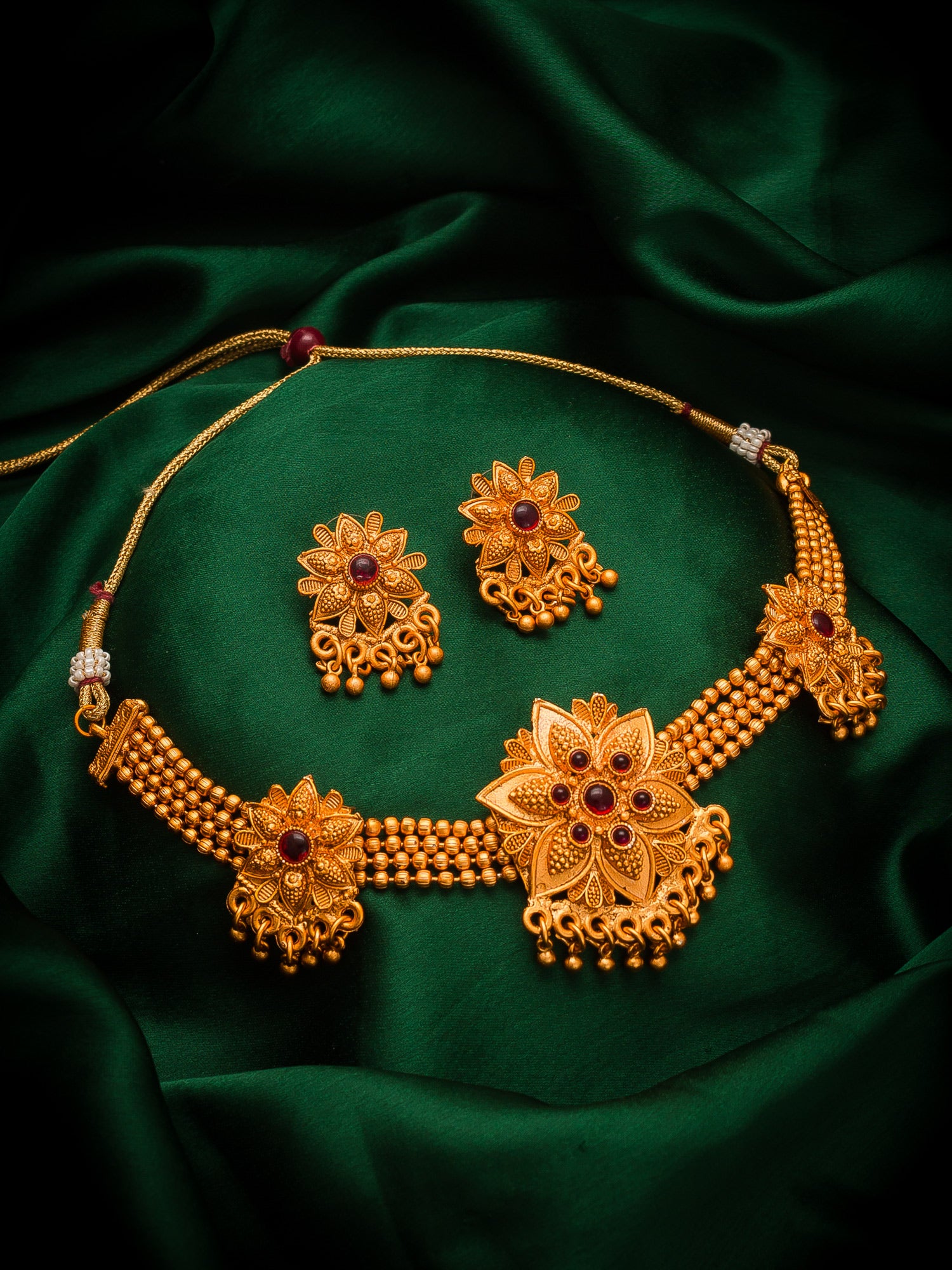 Aadita Antique Gold Tone Red Stone & Beads Choker Necklace Set with Earrings