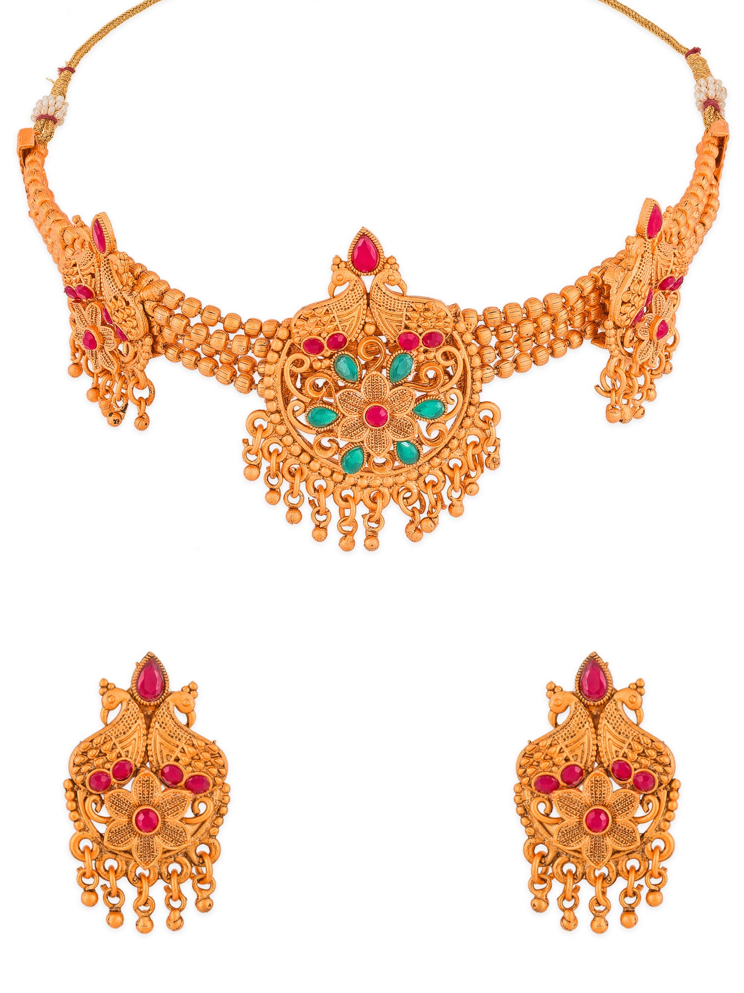Aadita Gold-Tone Floral Choker Necklace Set with Emerald Stones and Chandelier Earrings