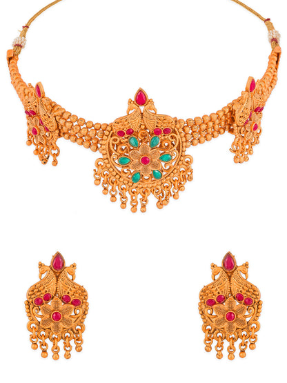 Aadita Gold-Tone Floral Choker Necklace Set with Emerald Stones and Chandelier Earrings