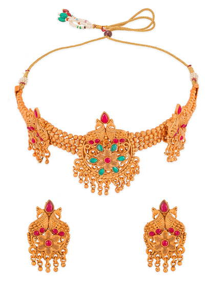 Aadita Gold-Tone Floral Choker Necklace Set with Emerald Stones and Chandelier Earrings
