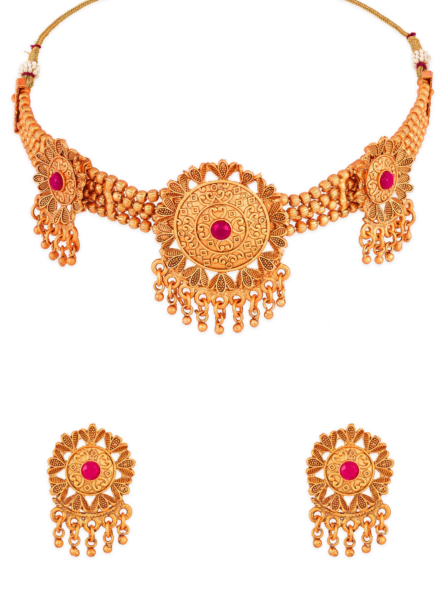 Aadita Antique Gold Circular Floral Choker Necklace Set with Stone and Matching Stud Earrings