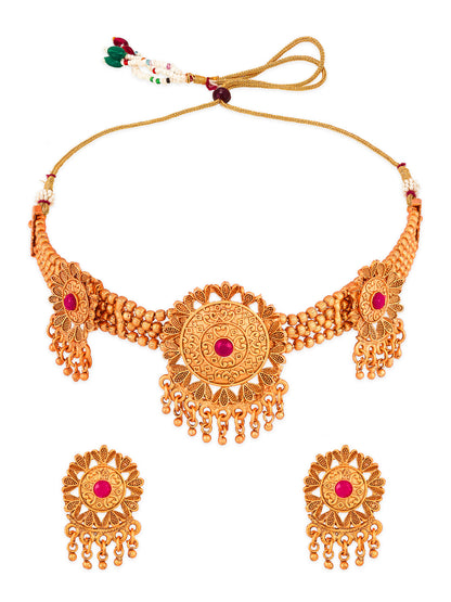 Aadita Antique Gold Circular Floral Choker Necklace Set with Stone and Matching Stud Earrings