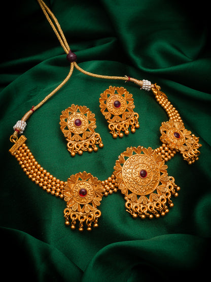 Aadita Antique Gold Circular Floral Choker Necklace Set with Stone and Matching Stud Earrings