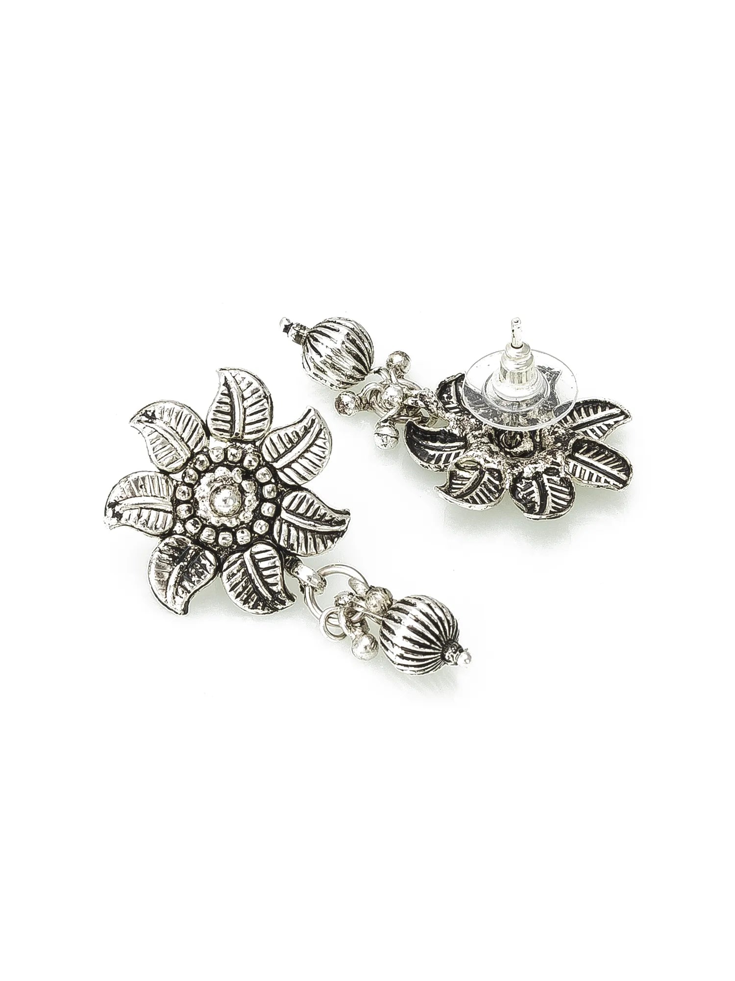 A pair of silver-toned dangle earrings with intricate floral and leaf motifs, small bead details, and clear rhinestone accents, displayed on a clean white background.