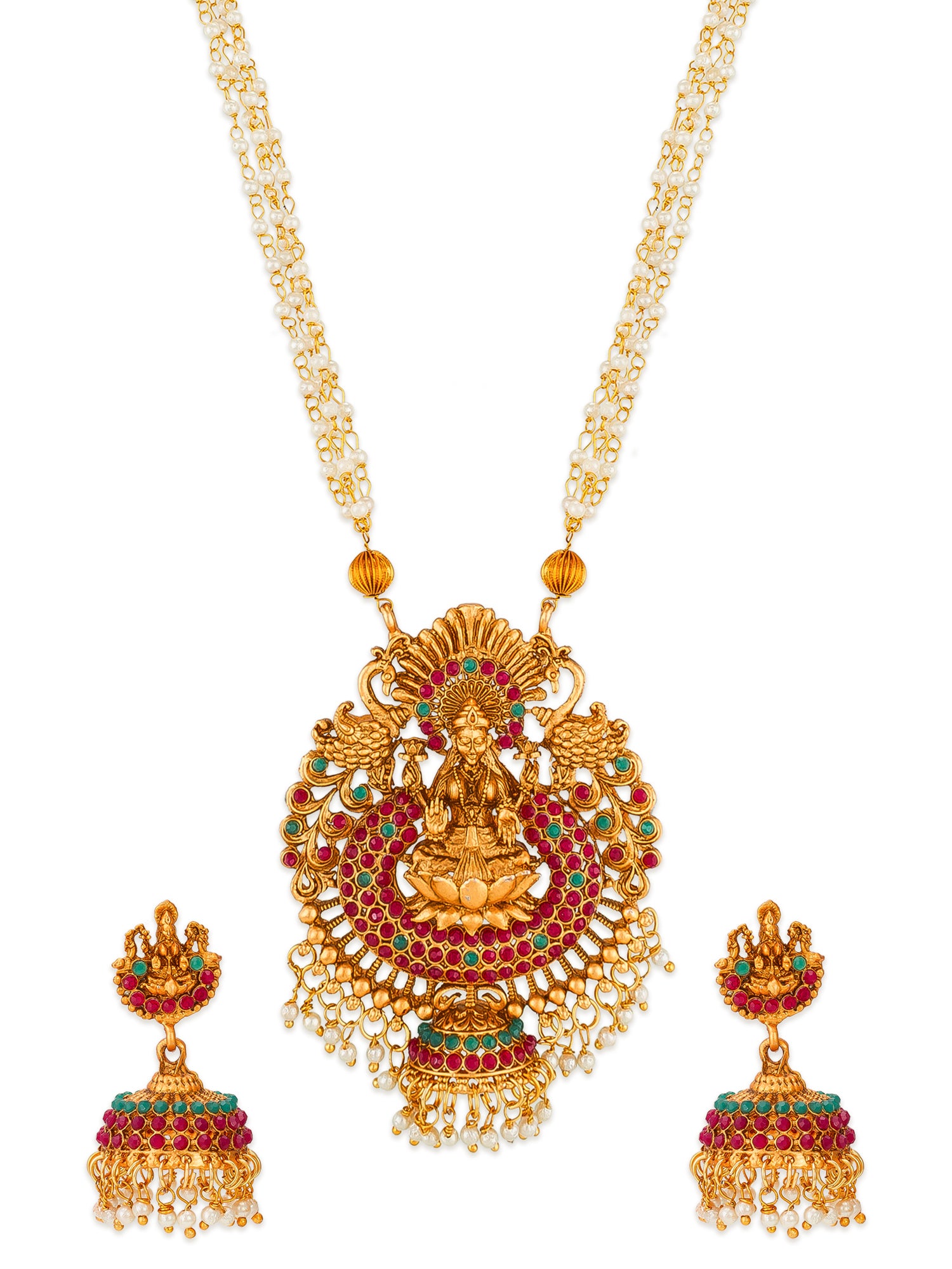 Aadita Antique Gold Lakshmi Long Temple Necklace Set with Stones, Pearl Chain and Jhumka Earrings