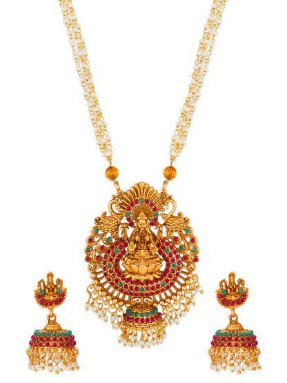 Aadita Antique Gold Lakshmi Long Temple Necklace Set with Stones, Pearl Chain and Jhumka Earrings